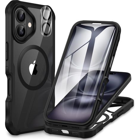 Magnétique Coque iPhone 16 Plus, Compatible avec MagSafe intégré Verre Trempé Protection écran et Protecteur Caméra, 360° Antichoc Téléphone Housse Double Face Case Intégrale Etui - Noir (1/5)