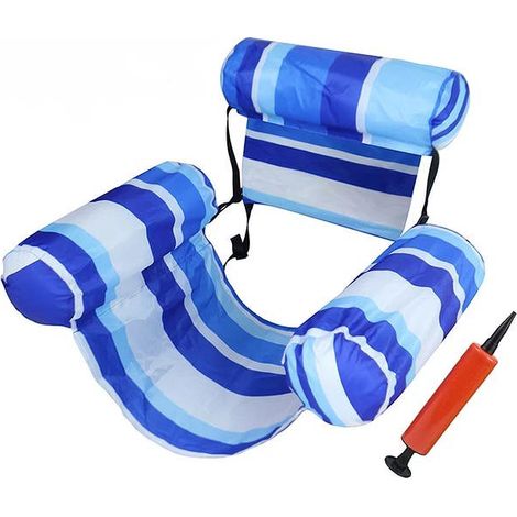 Hamac aquatique 3 tubes housse rayée pliable avec pompe gonflage, bleu, loisir piscine individuelle (1/5)