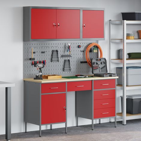 8 Piece Work Cabinet and Pegboard Set Red MDF and Metal vidaXL (1/5)