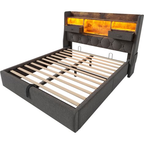 Letto contenitore 160x200 cm in lino grigio con testiera LED, USB/Type-C, senza materasso (1/5)