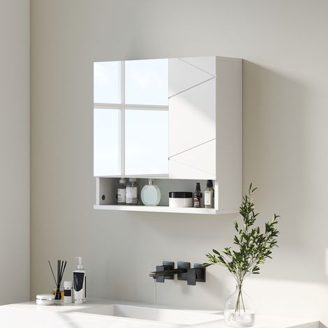 Armoire murale miroir de salle de bain - kleankin - 2 portes avec étagères réglables - contemporain - Bois - 55x17x55cm - blanc