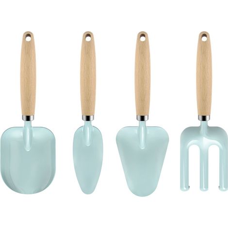 Ensemble d'outils de jardinage pour enfants, bleu, 4 pièces, manche en bois, pelle, râteau, truelle, pour le jardinage extérieur (1/5)