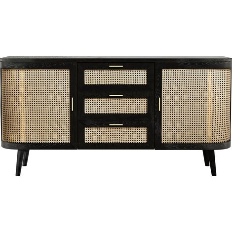 Buffet noir 2 portes 3 tiroirs en bois de manguier et cannage - WENDY