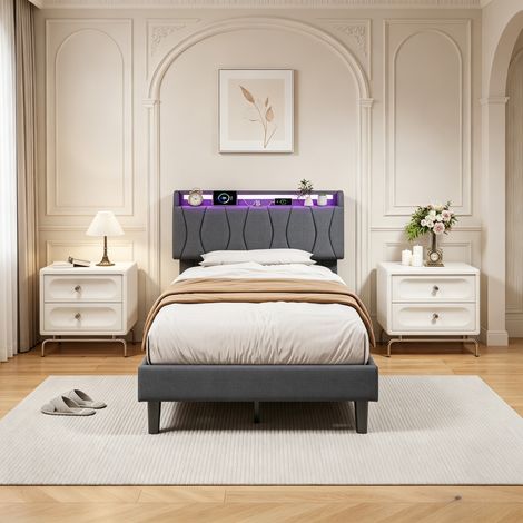Lit double 90x200 avec sommier, éclairage LED RGB, ports USB et Type-C, Lin - adapté aux adultes et adolescents,Gris (1/5)