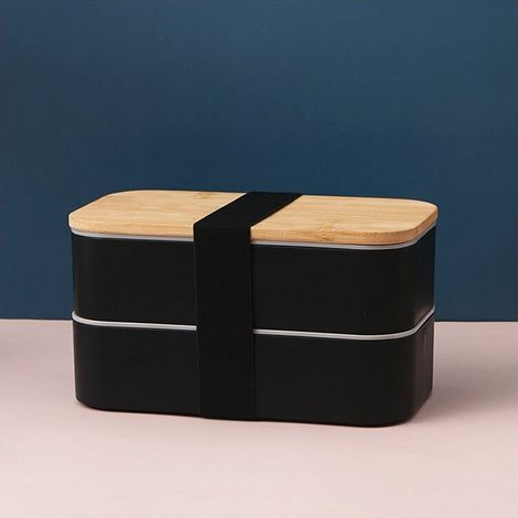 Boîte À Repas - Boîte Bento À Compartiments - Avec Couverts En Bois Et Récipients À Sauce - Noir - 1 Pièce (1/5)