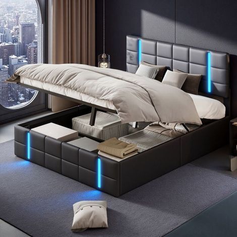 Cama 140x190 cm - 231223YZ - LED ajustable - Dos puertos USB - hidráulico - PU - marco de cama doble 140x190 cm - Negro