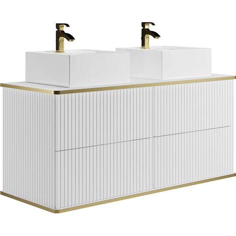 Mobile per bagno sospeso con scanalature con profilo Dorato e lavabo doppio da appoggio 120 cm Bianco - KELIZA (1/5)