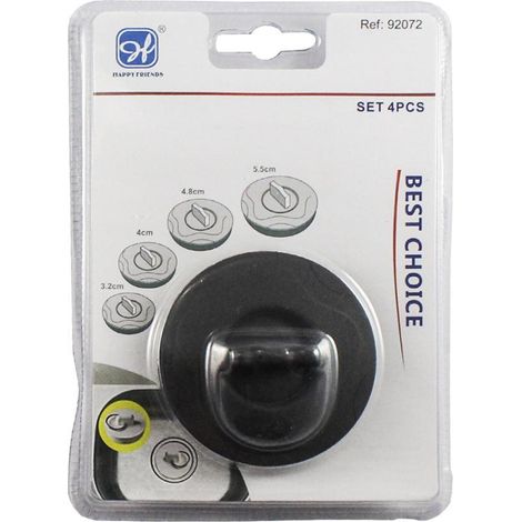 HAPPY tapon universal 4 medidas blister 1 , Tapón universal 4 medidas Tapón de goma 4 en 1 Color negro Para diámetros de 3,2, 4, 4,8 y 5 cm.