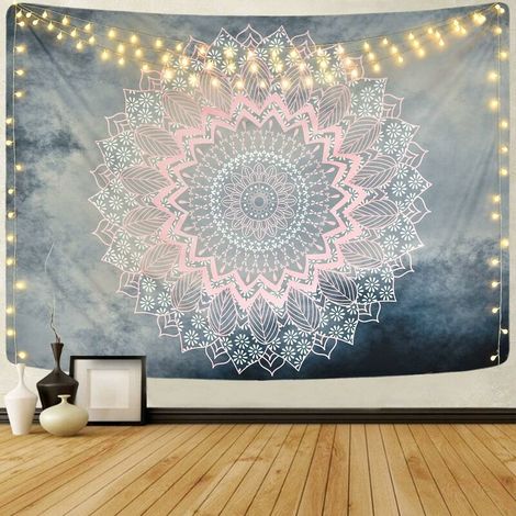 Mandala Tapisserie murale Lotus Tapisserie indienne Bohémien Oriental Tapisserie Fleur Murale Décoration Murale Gris Rose 130 x 150 cm, (1/5)