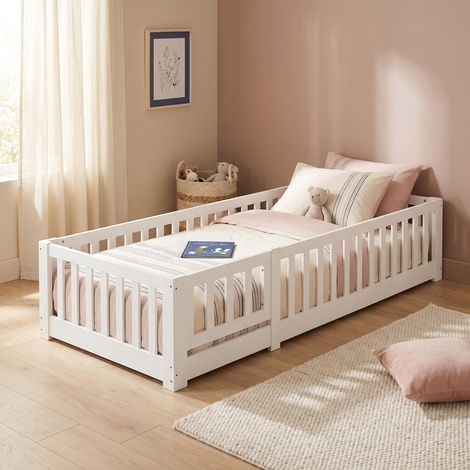 Lit enfant montessori 90x200 cm, lit simple, lit au sol avec barrières et sommier, Bois, Blanc (1/5)