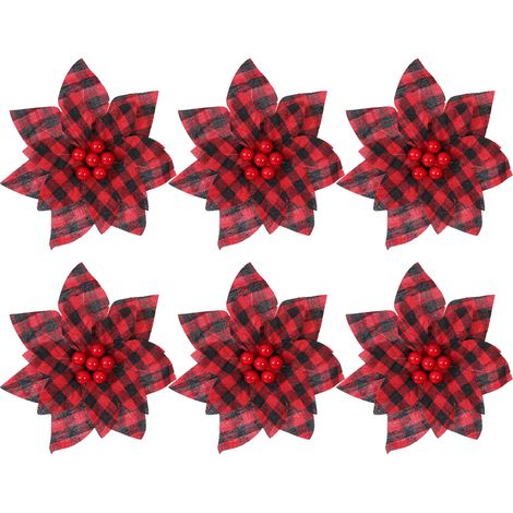Fleur De Noël En Plaid - Tige En Fil Flexible - Pour Arbre De Noël, Couronne Et Décoration De Mariage Vintage - Lot De 6 (1/5)