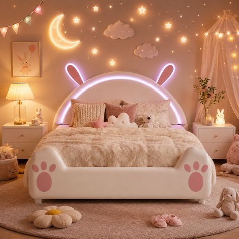 Lit Enfant Fille 140x200 cm avec Sommier à Lattes, Lit Cartoon avec Tête de Lit Oreilles de Lapin, LED, Velours Blanc et Rose (1/5)