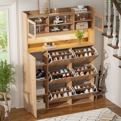 Meuble à chaussures en verre avec éclairage LED – Meuble à chaussures étroit avec 6 compartiments basculants et 1 porte, gain de place pour entrée et couloir, 130 x 25 x 180 cm (1/5)