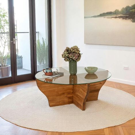 Table basse en verre et bois marron - pied en X, ANZIO (1/5)