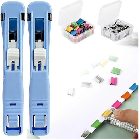 Agrafeuse portable à reliure, lot de 2 distributeurs de trombones réutilisable, 100 recharges métalliques bleues (1/5)