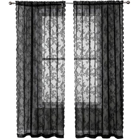 Rideaux en dentelle noire 100 x 200 cm - Ensemble deux pièces - Broderie florale vintage, voilage - Convient pour la décoration de la chambre et du salon