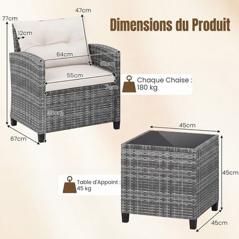 Salon de jardin blanc en résine tressée 3 pièces avec coussins et table en verre trempé pour terrasse jardin et piscine (1/5)
