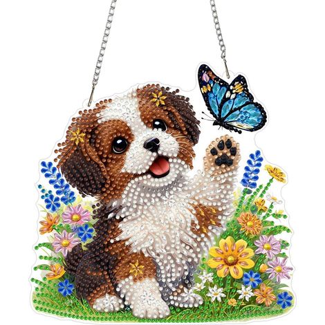 Kit pendentif Diamond Painting Chien avec papillon et fleurs pour fenêtre et mur