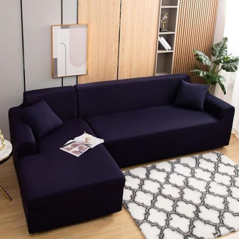 Lot de 2 Housse de Canapé Extensible 1 Places+2 Places Housse de Canapé d'angle en Forme de L pour Canapé de Angle, Protection Canapé d'angle, Bleu Foncé (1/4)