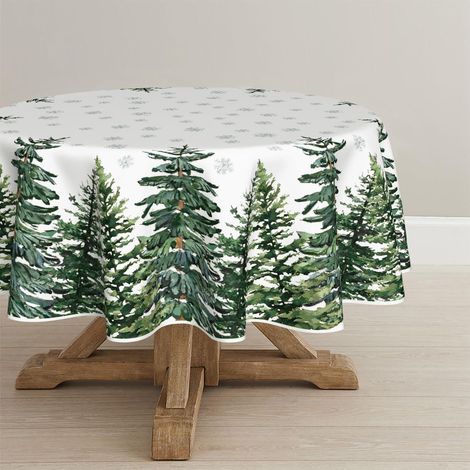 Runde Tischdecke 120 cm mit Schneeflocken & Bäumen, fleckschützend, für Küche & Party