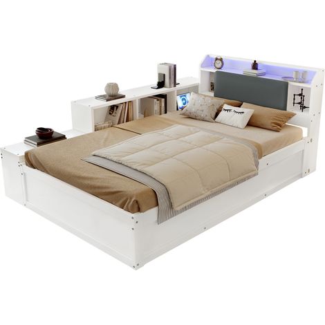 CHICFURN Lit coffre hydraulique 120x200 cm blanc en bois avec tête de lit LED, étagères ouvertes, station de charge, ouverture gauche ou droite pour chambre compacte (1/5)