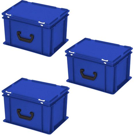 BRB 3 valises en plastique au format européen, 1 poignée de transport sur un côté longitudinal, 400 x 300 x 230 mm, bleu