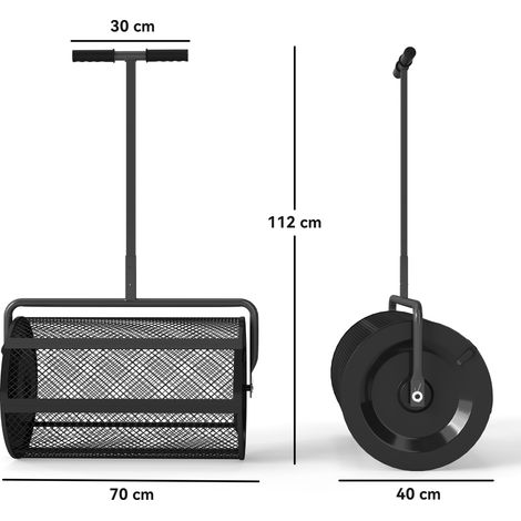Épandeur de compost 75 L 61 x 40 cm, épandeur d'engrais pour pelouse et jardin avec poignée en T et panier en maille, métal noir (1/5)