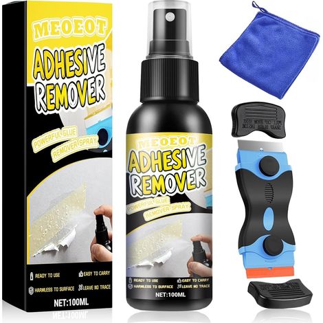 Dissolvant Colle, Decolle Etiquette, Spray de Décapant Adhésif, Dissolvant D'adhésif, Élimination Rapide des Étiquettes et les Résidus de Colle, Livré avec un Grattoir Polyvalent, 100ML (1/5)