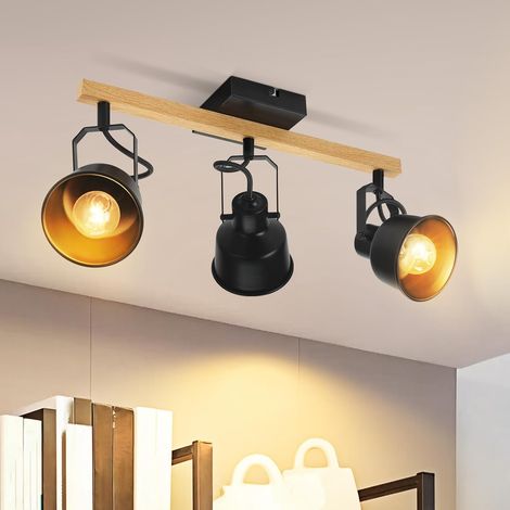 Plafonnier Spot 3 Flammes Noir : Plafonnier Vintage Pivotant 350°  MAX.25W Douille E14 Spot Bois Industriel Barre pour Salon Chambre Bureau (sans Ampoule) (1/5)