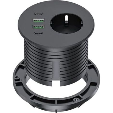 Einbau-Steckdosenleiste mit USB-C-Anschluss, 65 W, Tischsteckdosenleiste mit Schuko-Steckdose, zwei USB-A-Anschlüssen, zwei USB-C-Anschlüssen und einem 2 m langen Netzkabel, für einen Tischausschnitt (1/5)
