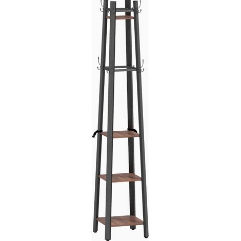 Freistehende Garderobe aus Metall und Holzwerkstoff, 8 Haken, 4 Ablagen, braun (1/3)