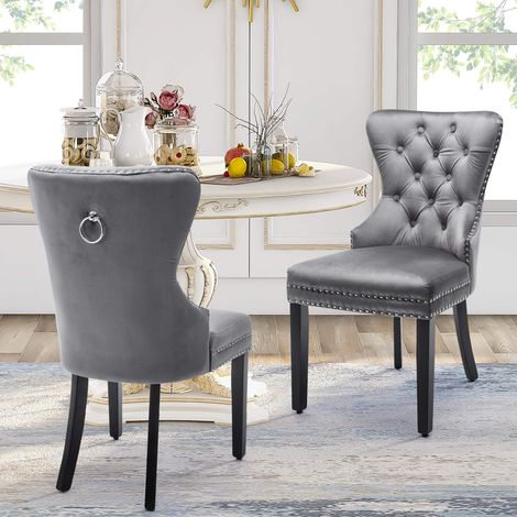 Lot de 4 chaises de salle à manger en velours gris, pieds en bois, dossier capitonné avec anneau chromé, 51 x 51 x 97 cm (1/5)