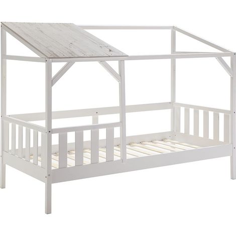 GALOE - Lit Cabane 90x200cm MDF et Pin Coloris Blanc Vieilli (1/4)