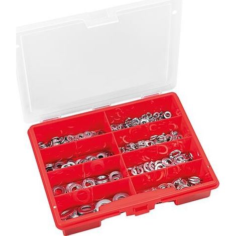 Mallette d’assortiment de rondelles DIN 125/ bagues à ressort DIN 127, 380 pièces