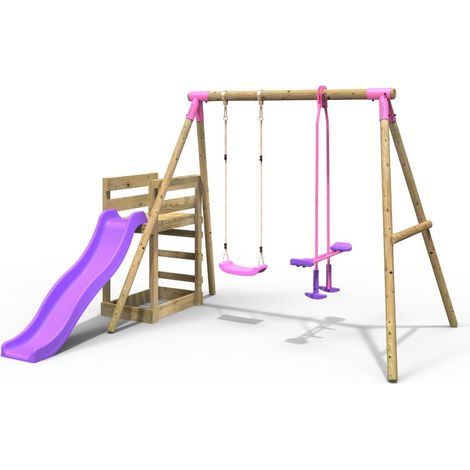 Rebo Wooden Swing Set plus Deck & Slide - Star Pink