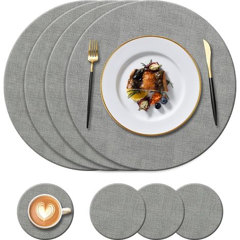 Lot de 4 Sets de table ronds, Sous-verres, Cuir synthétique, Résistant chaleur 100°C, Antidérapant, Pour maison et hôtel (1/5)