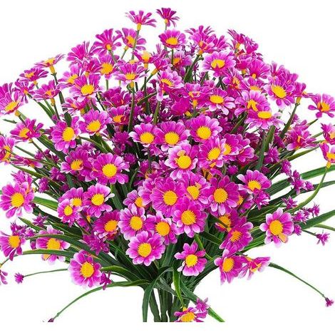 [JAMAIS UTILISÉ]Fleurs artificielles marguerites, lot de 4, buissons en plastique vert, fleurs artificielles pour l'intérieur et l'extérieur (Fuchsia) (1/5)