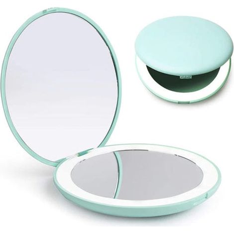 royaluxe - Miroir de maquillage de voyage portable avec éclairage LED, miroir pliable 10x, miroir double face portable - Vert menthe (1/5)