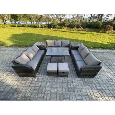 Fimous Polyrattan Gartenmöbel Set 11-Sitzer Polyrattan Garten Sofa im Freien Set mit 2 Beistelltischen Rechteckiger Esstisch 2 kleine Fußhockern Dunkelgrau Gemischt (1/4)