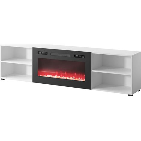 Mueble de TV Rollo 200 cm de pie/colgante tablero laminado blanco mate con chimenea eléctrica negra