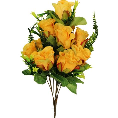 Ramo amarillo de rosas artificiales en composición con helechos - 10 piezas, 40 cm de altura (1/4)