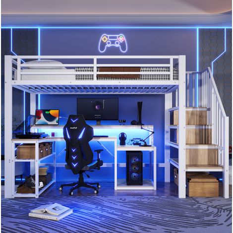 Hochbett 90x200 cm Weiß aus Metall und MDF mit Schreibtisch, LED-Lichtleiste, USB-Anschluss und Stauraum (1/5)