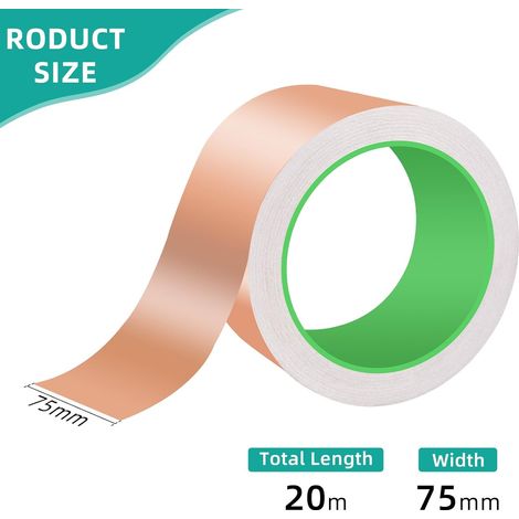 1 Rouleau de Ruban de Cuivre Auto-adhésif 75mm x 20m, Ruban de Cuivre Double Face Conducteur, Ruban de Cuivre Contre les Escargots, Protection contre les escargots, Cuivre pour mise à la terre (1/4)