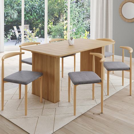 Lote de 6 sillas de comedor NOE de imitación madera con asiento de tela gris claro