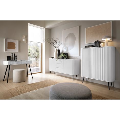 Wohnzimmer Set 3-teilig mit Rillen in weiß, Füße schwarz, ZARA-160 (1/5)