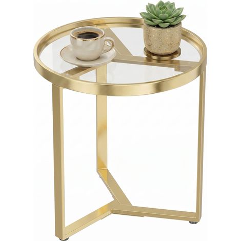 HOMCOM Round Side Table with Tempered Glass Top and Metal Frame, Gold Tone (1/5)