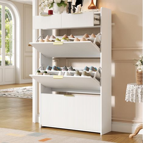 Schmaler Schuhschrank mit 3 Klappen und 2 Schubladen, 80 × 25 × 135 cm, Weiß HAVRYA (1/5)
