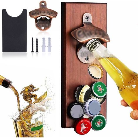 Ouvre-bouteilles Mur - Bois et Alliage de Zinc - Fixation Magnétique ou Visée - Pour Cuisine Bar Extérieur - 1 Pièce (1/5)