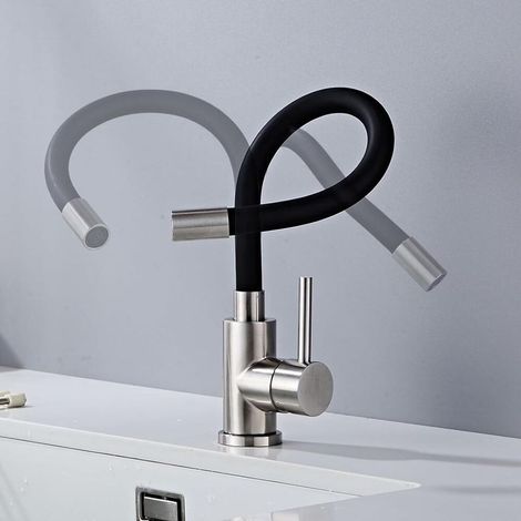 Robinet Cuisine Flexible Noir, Robinet de Cuisine Pivotant à 360°, Mitigeur Cuisine Noir avec Aérateur d'économie d'eau, Robinets d'évier en Acier Inoxydable, Monocommande Haute Pression (1/5)