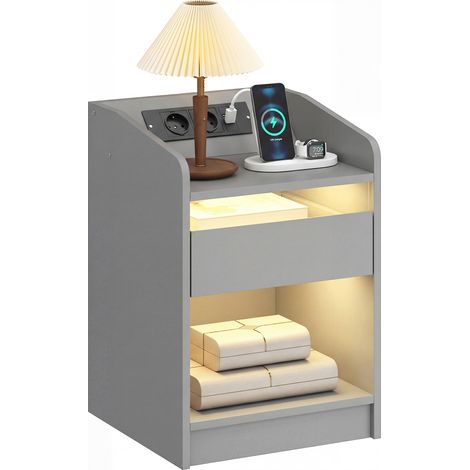 Table de nuit avec station de recharge, ports USB et télécommande 40 x 40 x 58 cm gris, étagère ouverte, tiroir LED RGB